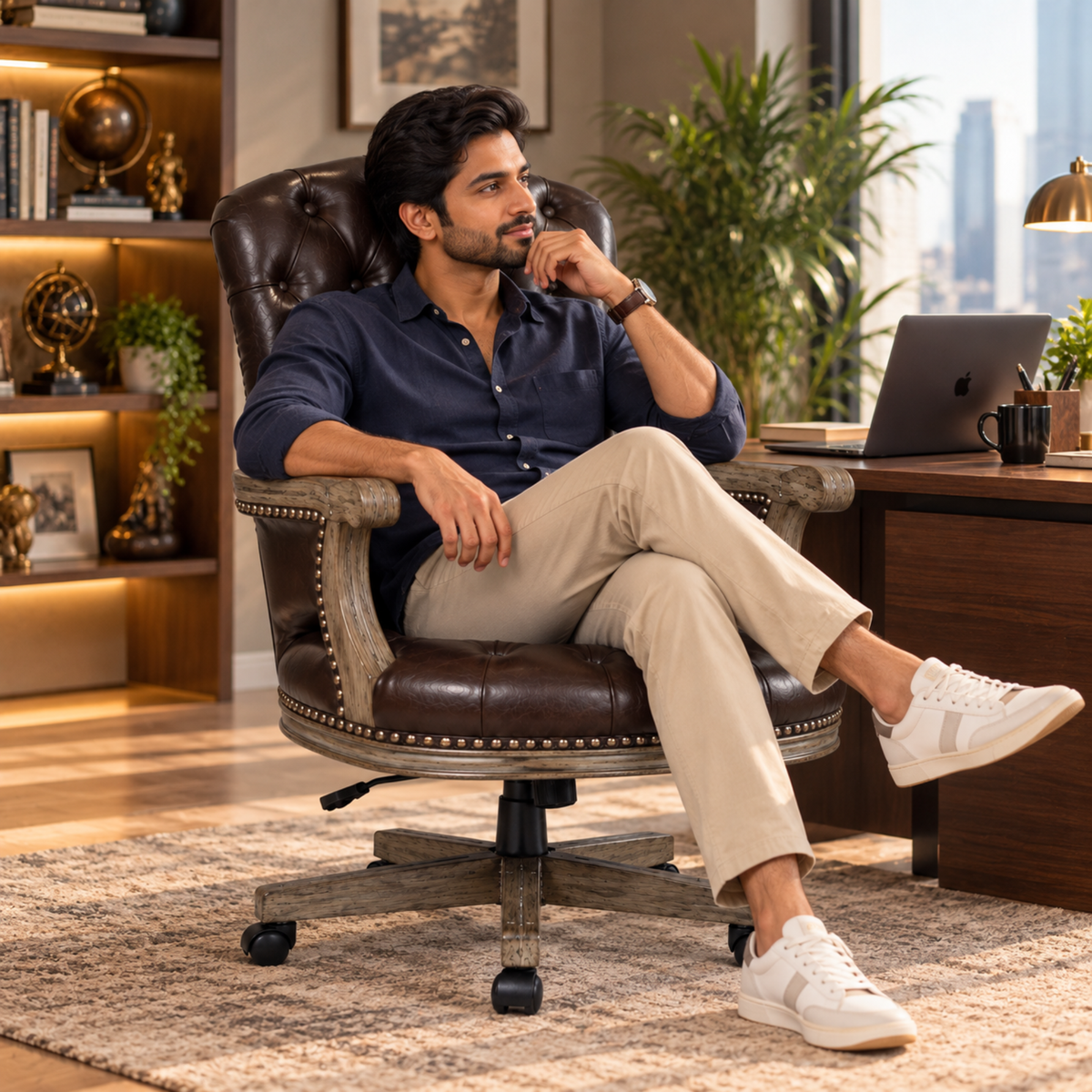 Director office Chair Tufted Design Made in Solid wood with Leatherette Upholstery & Armrest with Height Adjustable Premium Quality Chair