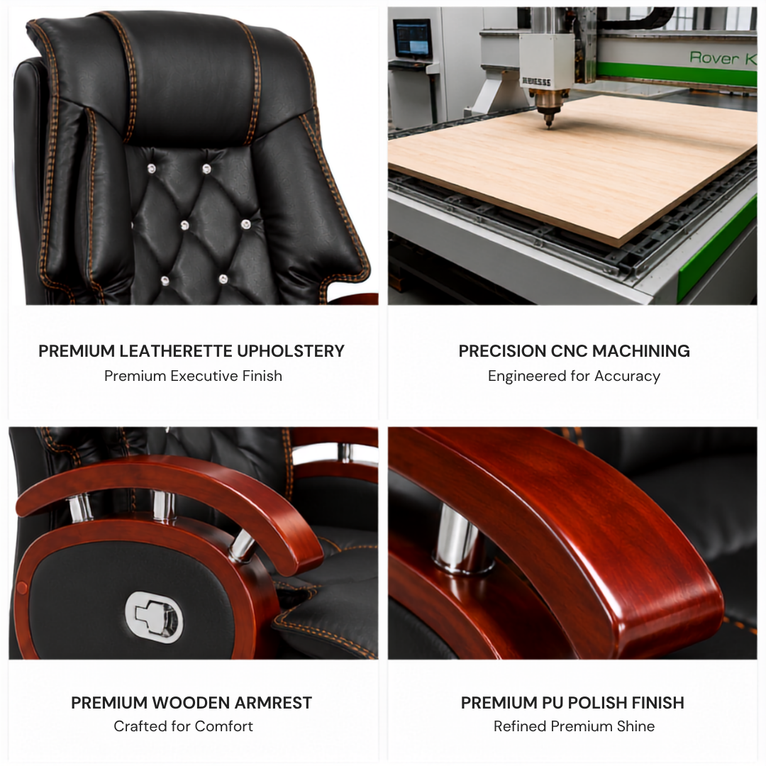 High Back Leatherette and Pure Leather Wooden Director Office Chair with Wooden Base and Handle, Wooden chair
