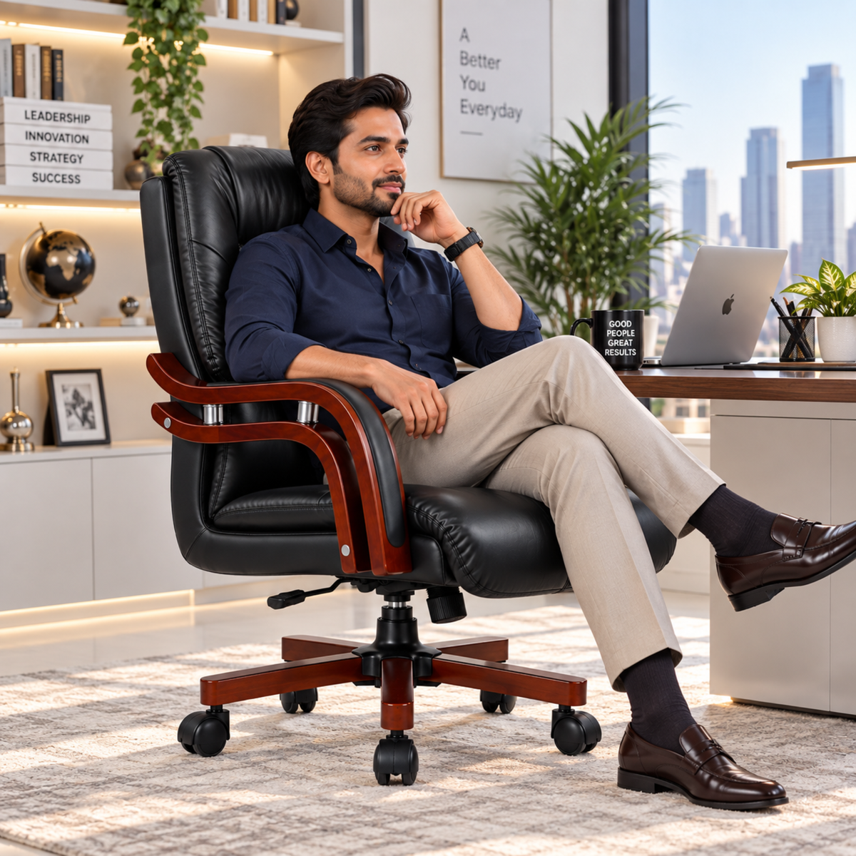 High Back Director Chair for office Made in Plyboard with Leatherette Upholstery & Armrest with wooden WheelBase & Revolving Chair -black