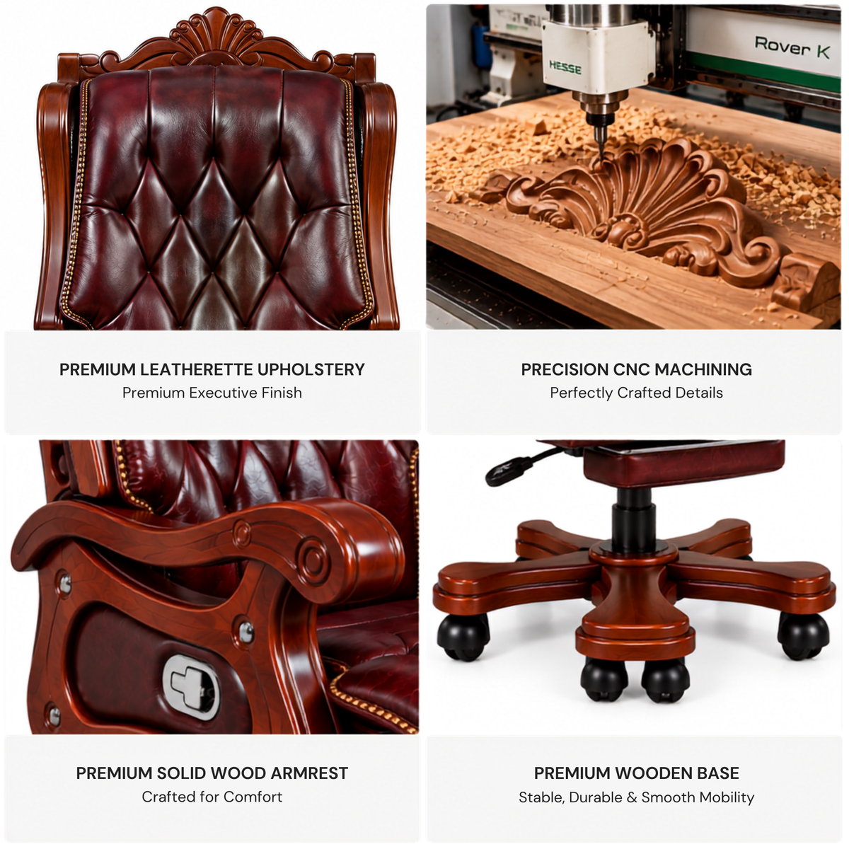 Luxury Office Director Chair Made in Teak wood with Leatherette and Soft Padded - Armrest and Swivel Base and Polish, 150° Reclining Office Seat -Brown