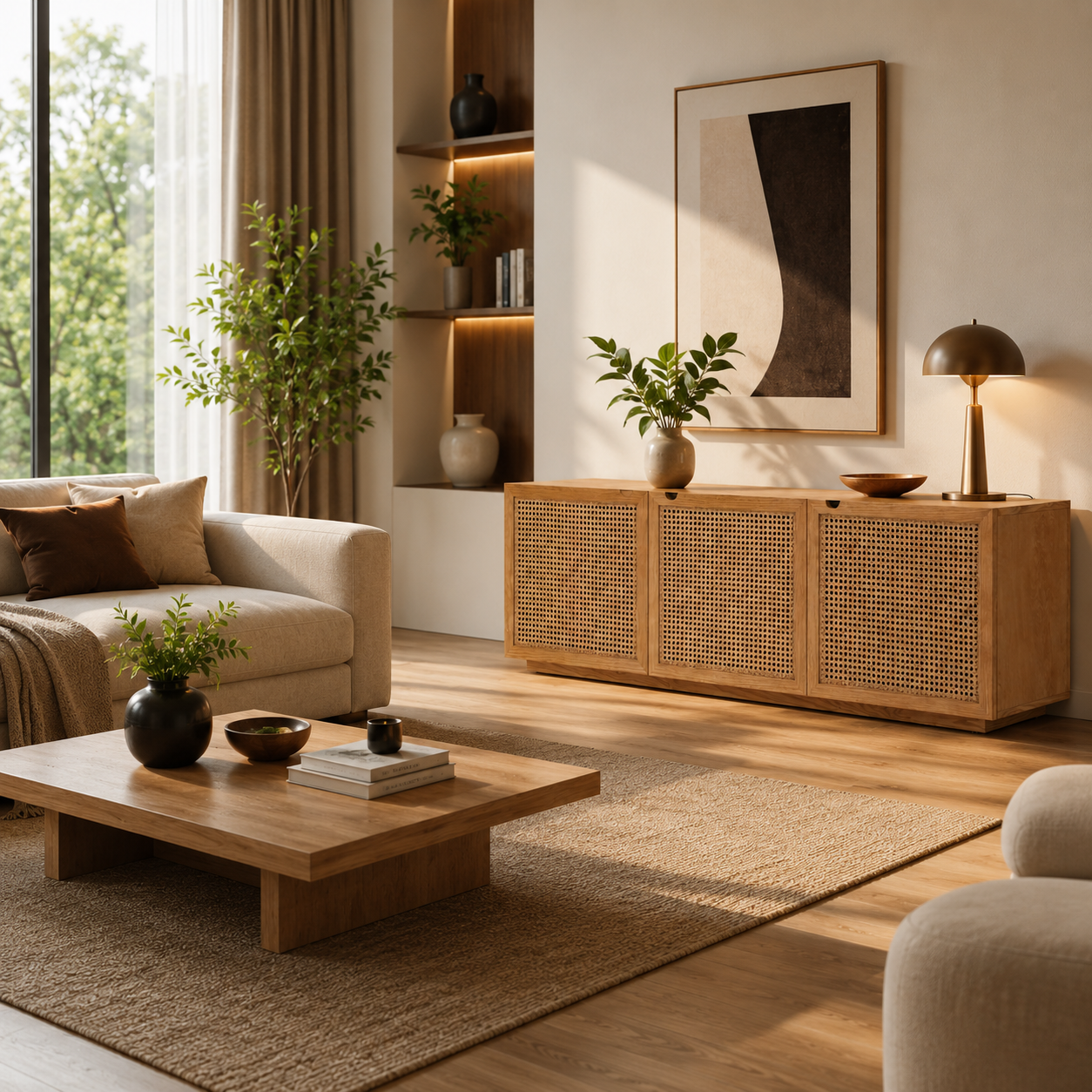 Cabinet Table for Home Made in Solid Wood/MDF with Natural Cane Stylish Design for Living Room