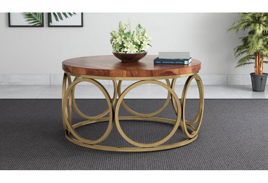 Round Shape Side Tables in Wooden Top and Golden Metal Frame