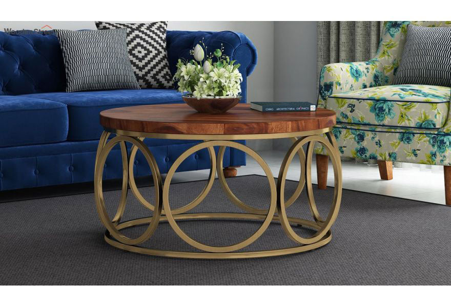 Round Shape Side Tables in Wooden Top and Golden Metal Frame