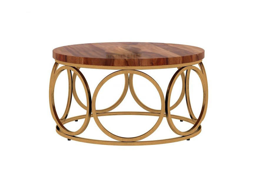 Round Shape Side Tables in Wooden Top and Golden Metal Frame