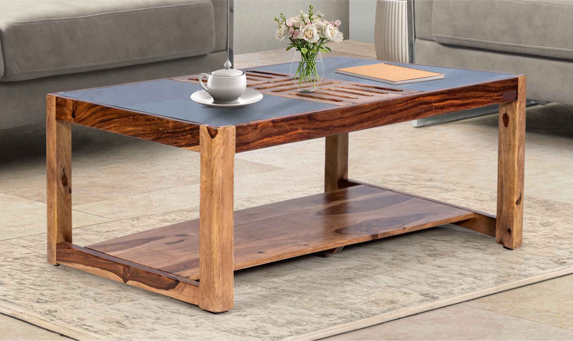 Center Table Designed with Glossy Surface and Textured Legs, Perfect for Urban Interior Styling