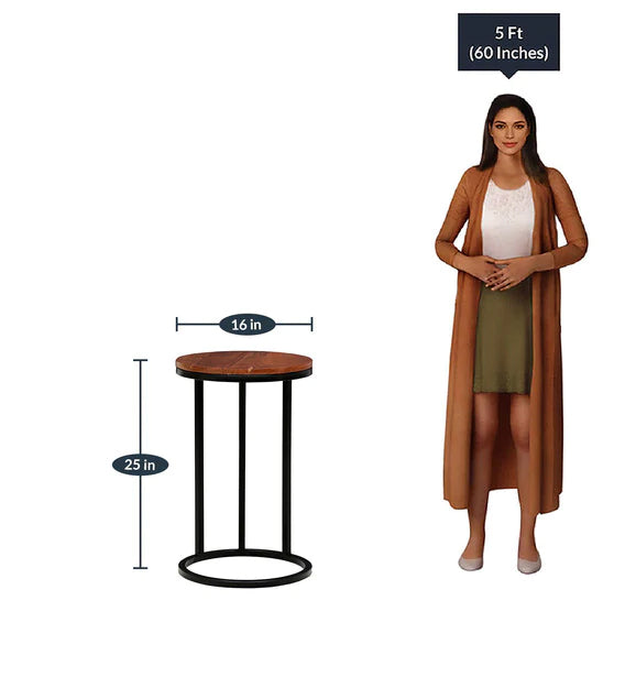 Round Side Table with Wooden Top and Metal Frame