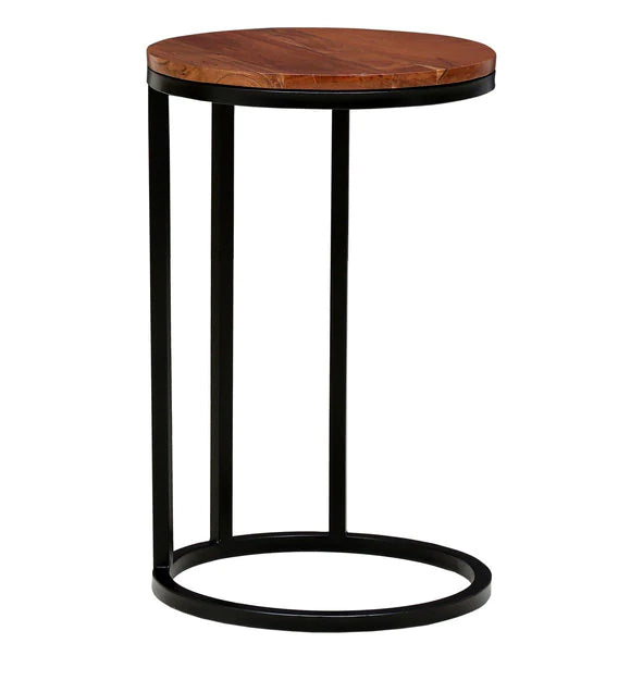 Round Side Table with Wooden Top and Metal Frame