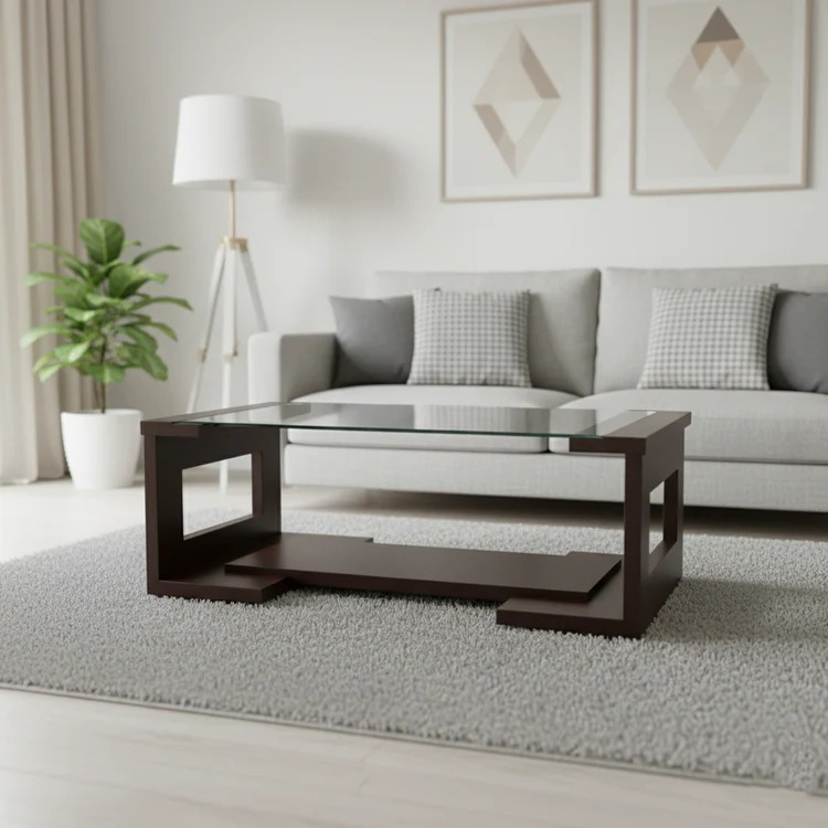 Center Table Featuring Glass Top and Black Frame, Perfect for Industrial and Modern Home Styles