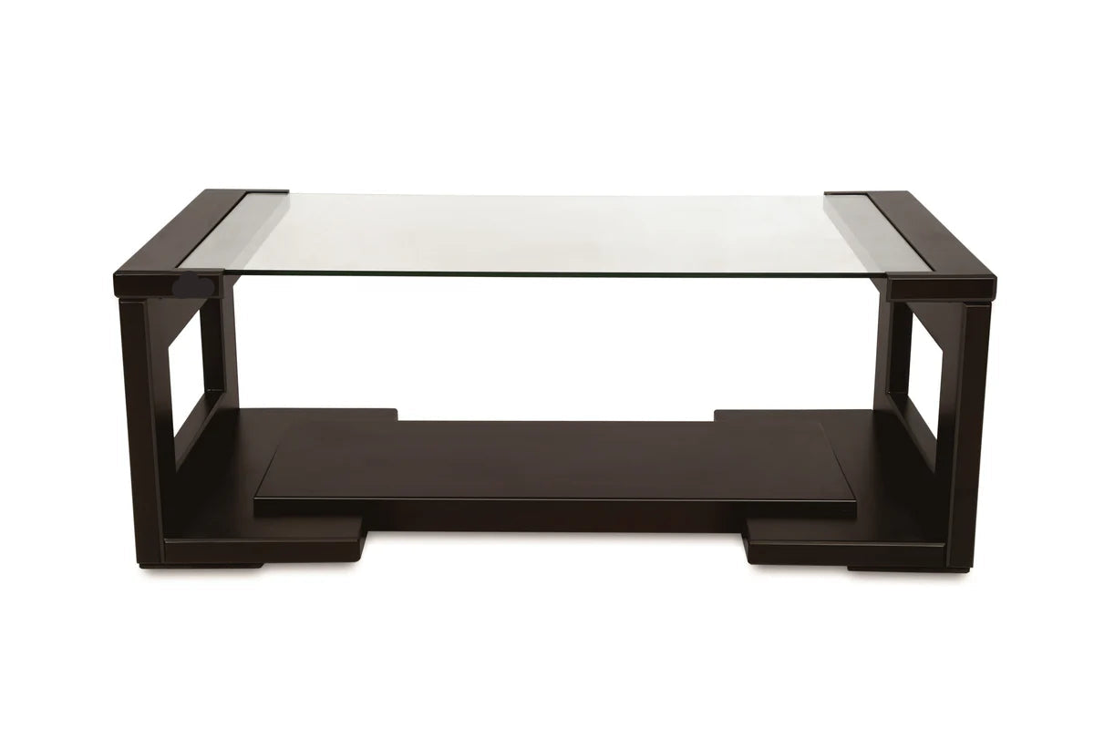 Center Table Featuring Glass Top and Black Frame, Perfect for Industrial and Modern Home Styles