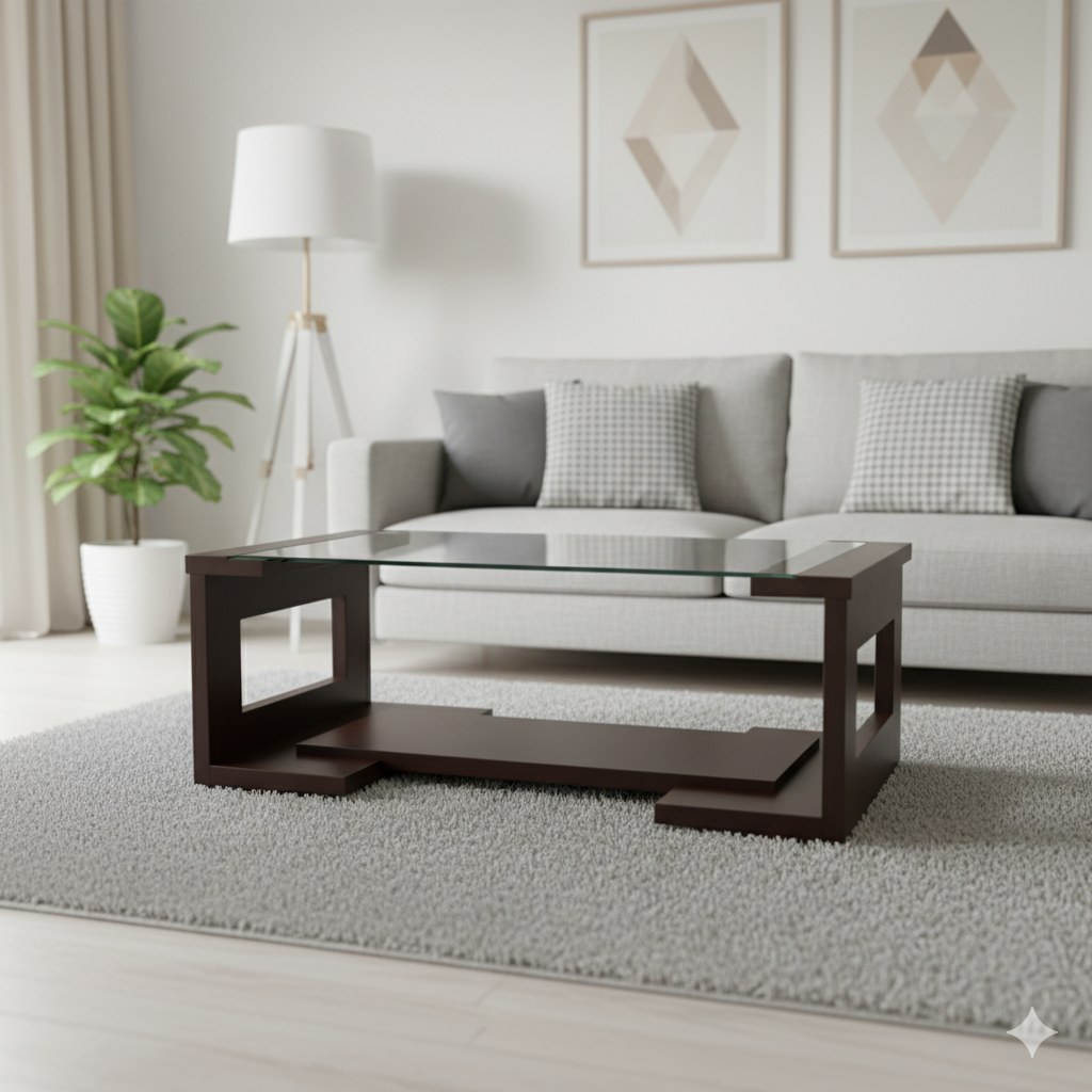 Center Table Featuring Glass Top and Black Frame, Perfect for Industrial and Modern Home Styles