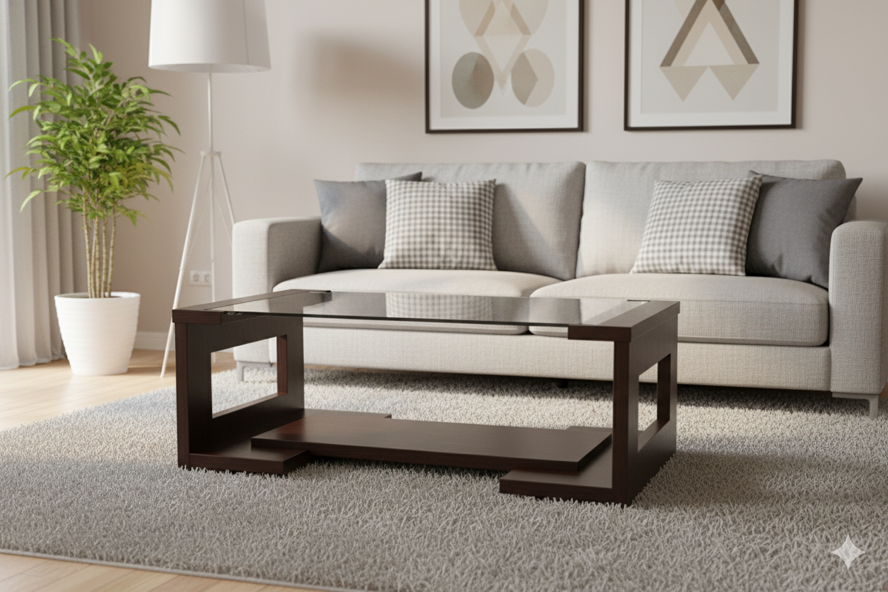 Center Table Featuring Glass Top and Black Frame, Perfect for Industrial and Modern Home Styles