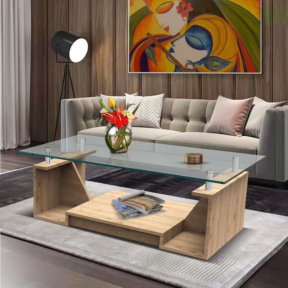 Center Table Designed with Glass Top and Modern Look, Perfect for an Elegant Lounge or Drawing Room
