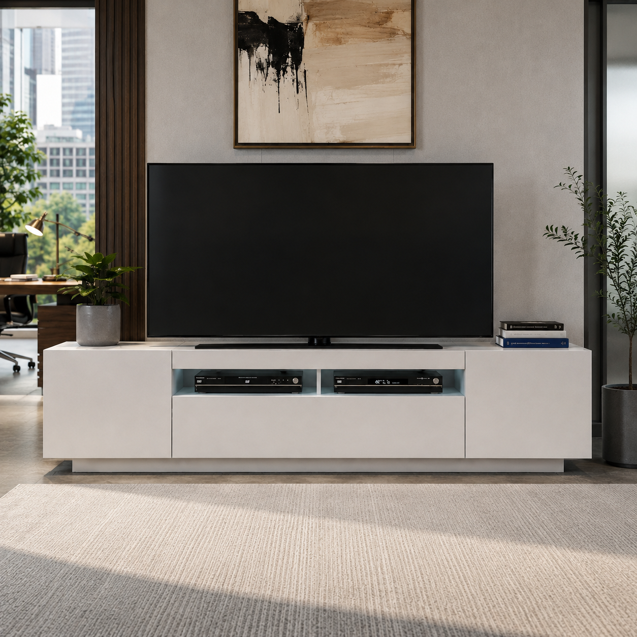 Modern Minimalist High Gloss White TV Stand Unit Media Console Table with Open Storage Shelving and Side Cabinets for Home Living Room Furniture