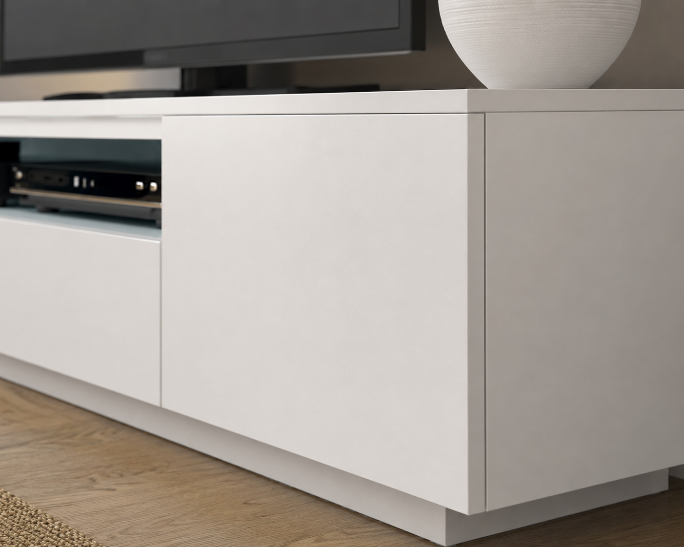 Modern Minimalist High Gloss White TV Stand Unit Media Console Table with Open Storage Shelving and Side Cabinets for Home Living Room Furniture