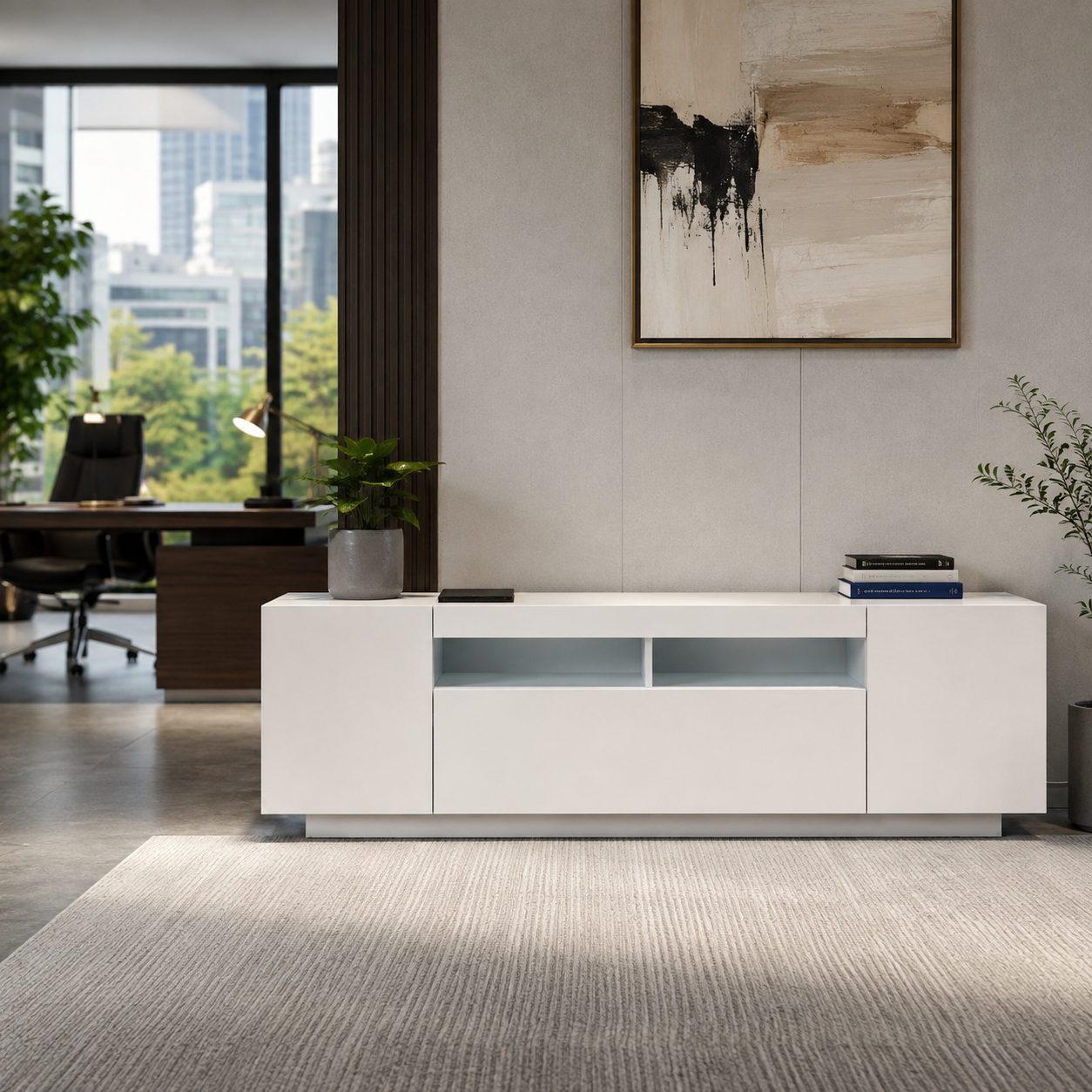 Modern Minimalist High Gloss White TV Stand Unit Media Console Table with Open Storage Shelving and Side Cabinets for Home Living Room Furniture