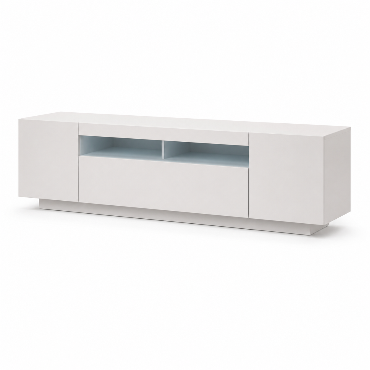 Modern Minimalist High Gloss White TV Stand Unit Media Console Table with Open Storage Shelving and Side Cabinets for Home Living Room Furniture