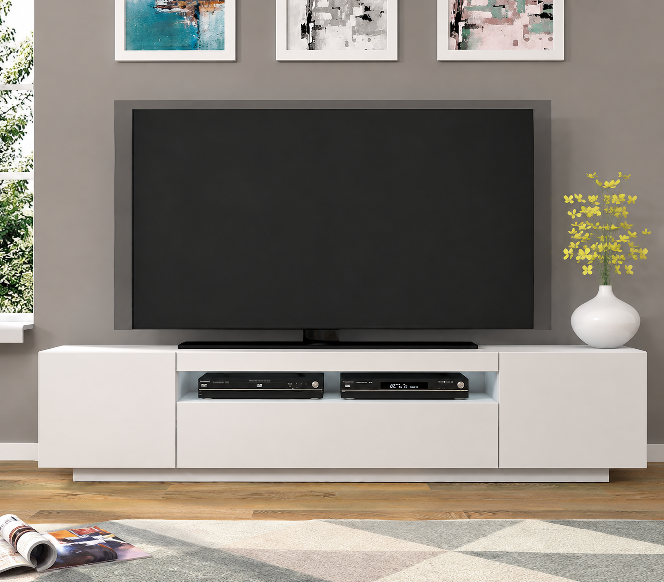 Modern Minimalist High Gloss White TV Stand Unit Media Console Table with Open Storage Shelving and Side Cabinets for Home Living Room Furniture