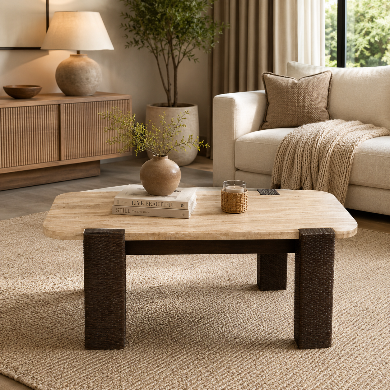 Modern Marble Top Centre Table for Living Room with Rounded Corners, Contemporary Designer Tea Table, Luxury Living Room