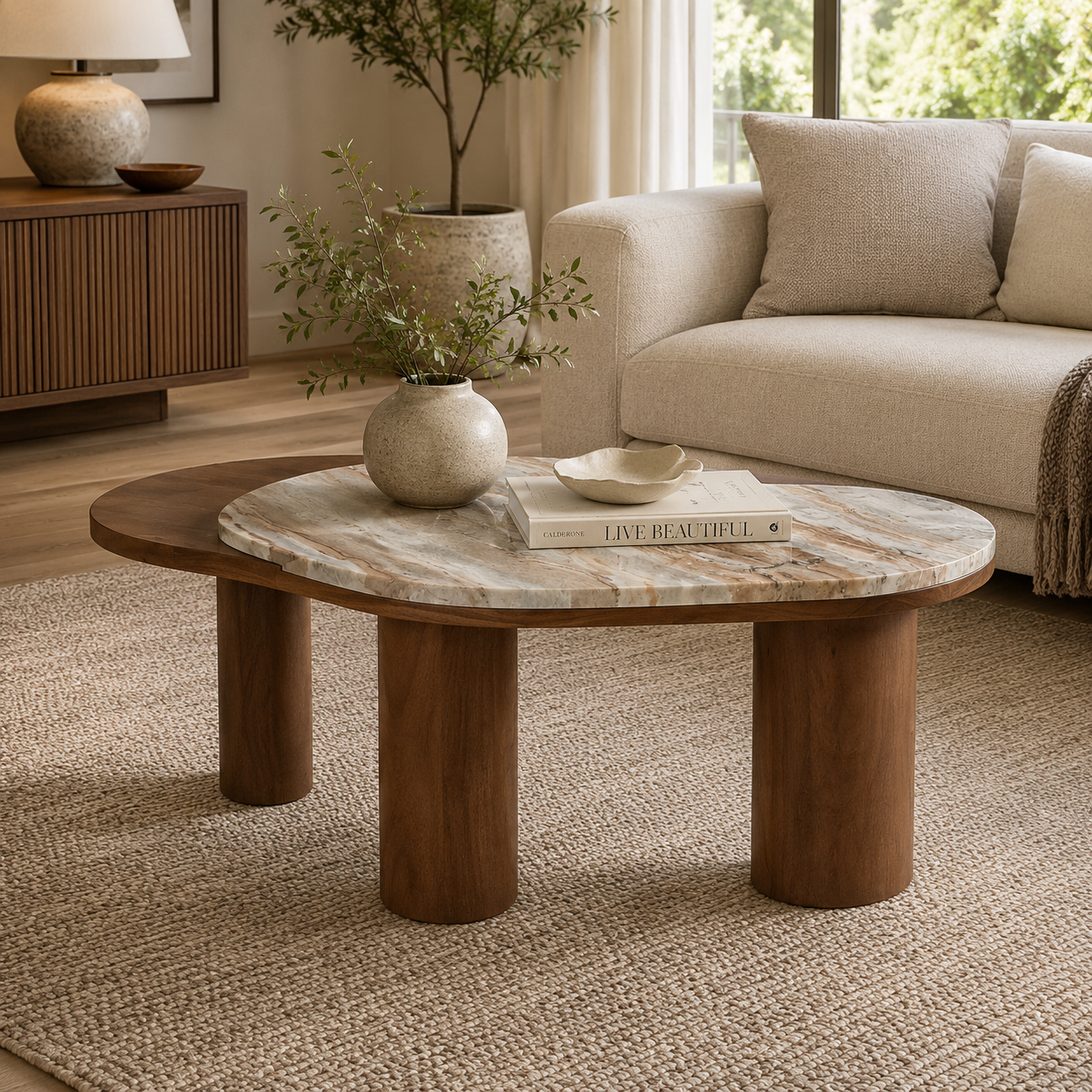 Modern Round Marble Top Centre Table with Solid Wood Cylindrical Legs, Luxury Coffee Table for Living Room, Contemporary Designer Table