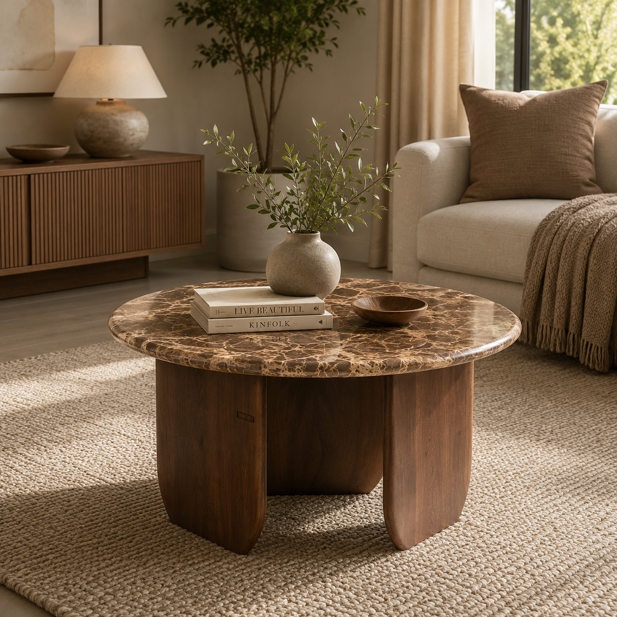 Modern Round Marble Top Centre Table with Solid Wood Cylindrical Legs, Luxury Coffee Table for Living Room, Contemporary Designer Table
