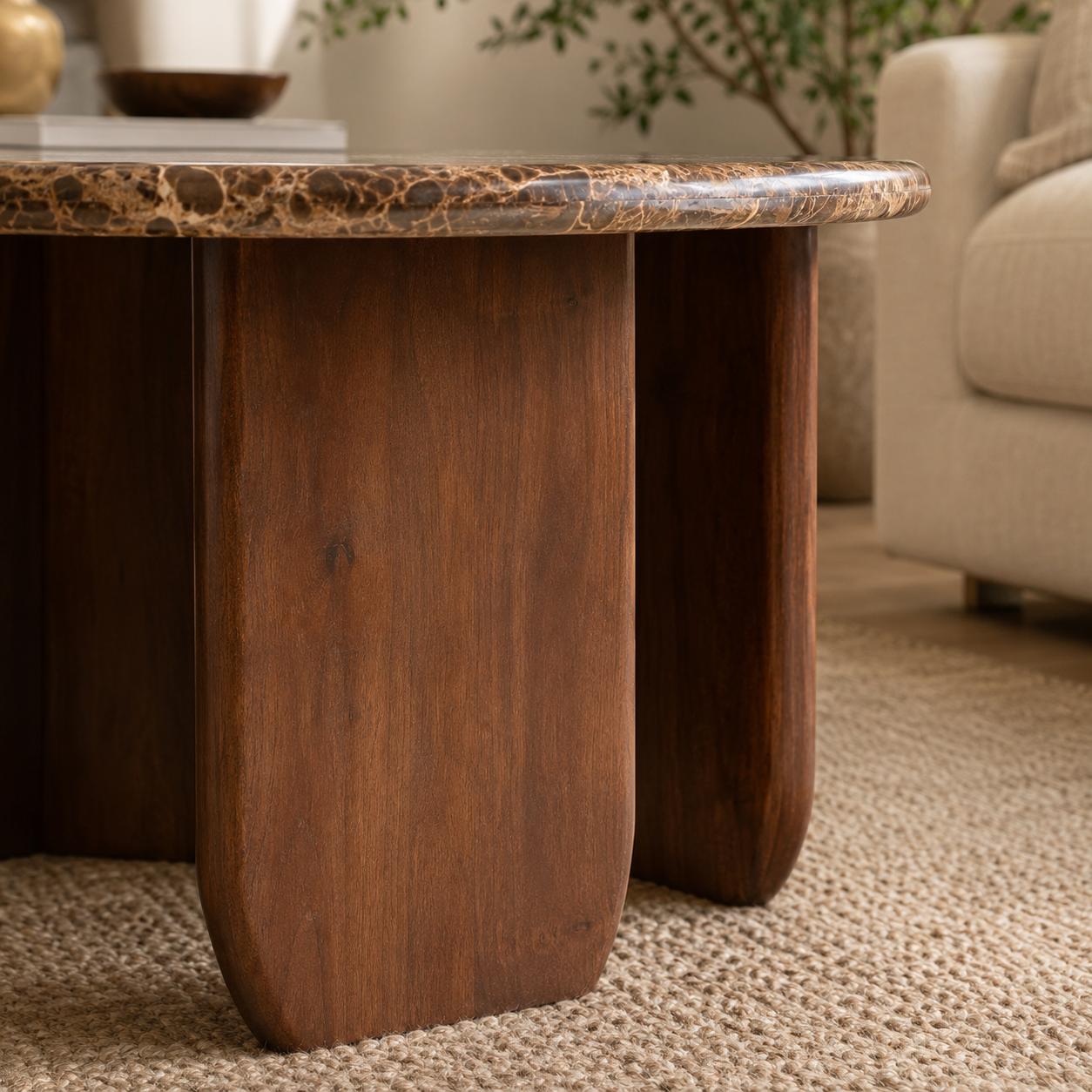 Modern Round Marble Top Centre Table with Solid Wood Cylindrical Legs, Luxury Coffee Table for Living Room, Contemporary Designer Table