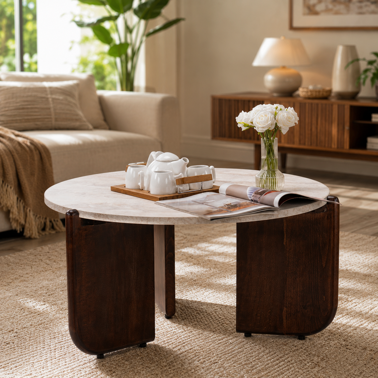 Modern Round Center Table for Living Room, Marble Finish Coffee Table with Solid Wooden Base, Designer Tea Table