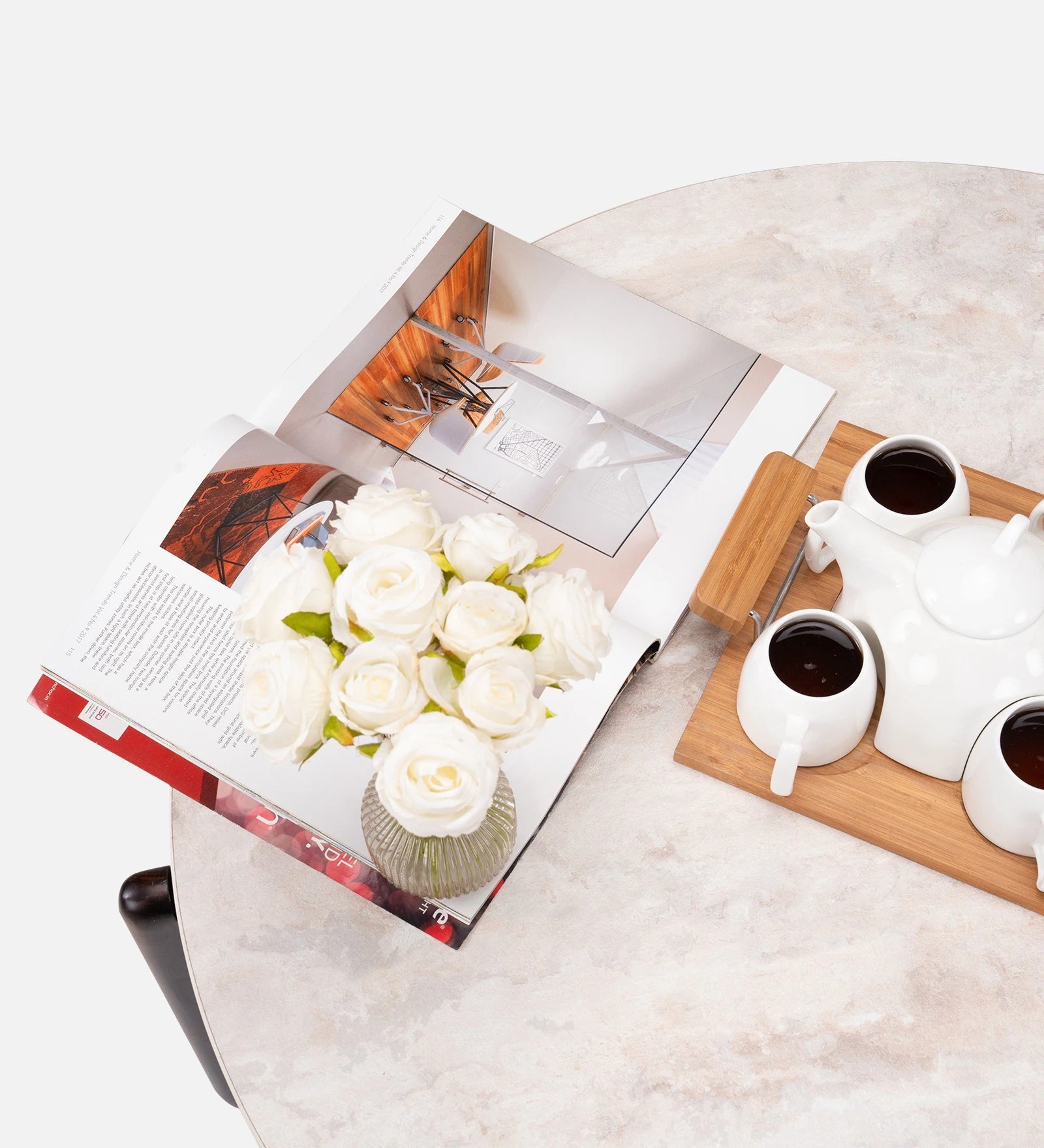 Modern Round Center Table for Living Room, Marble Finish Coffee Table with Solid Wooden Base, Designer Tea Table
