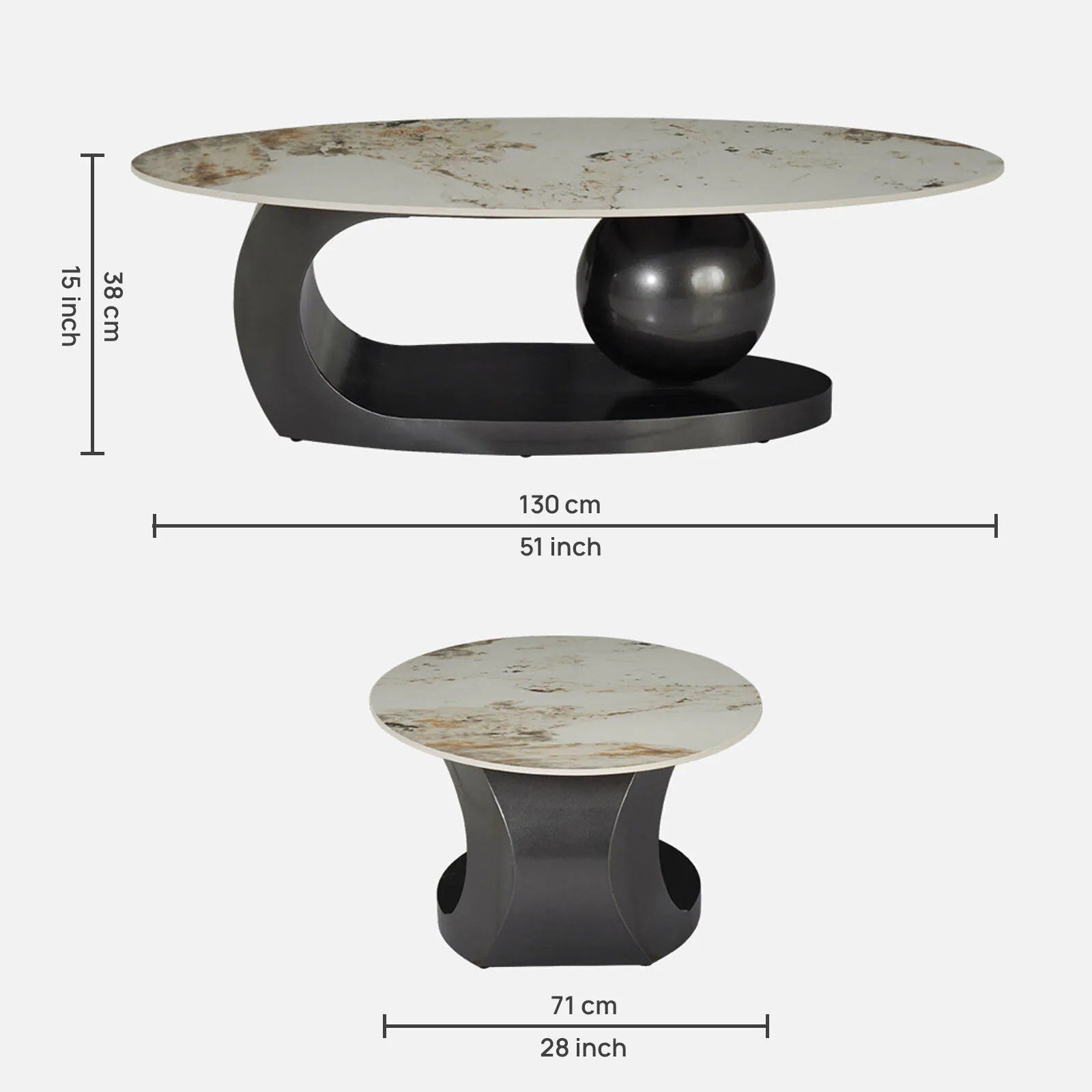 Luxury Modern Oval Marble Finish Centre Table with Sculptural Black Pedestal Base, Premium Coffee Table for Living Room