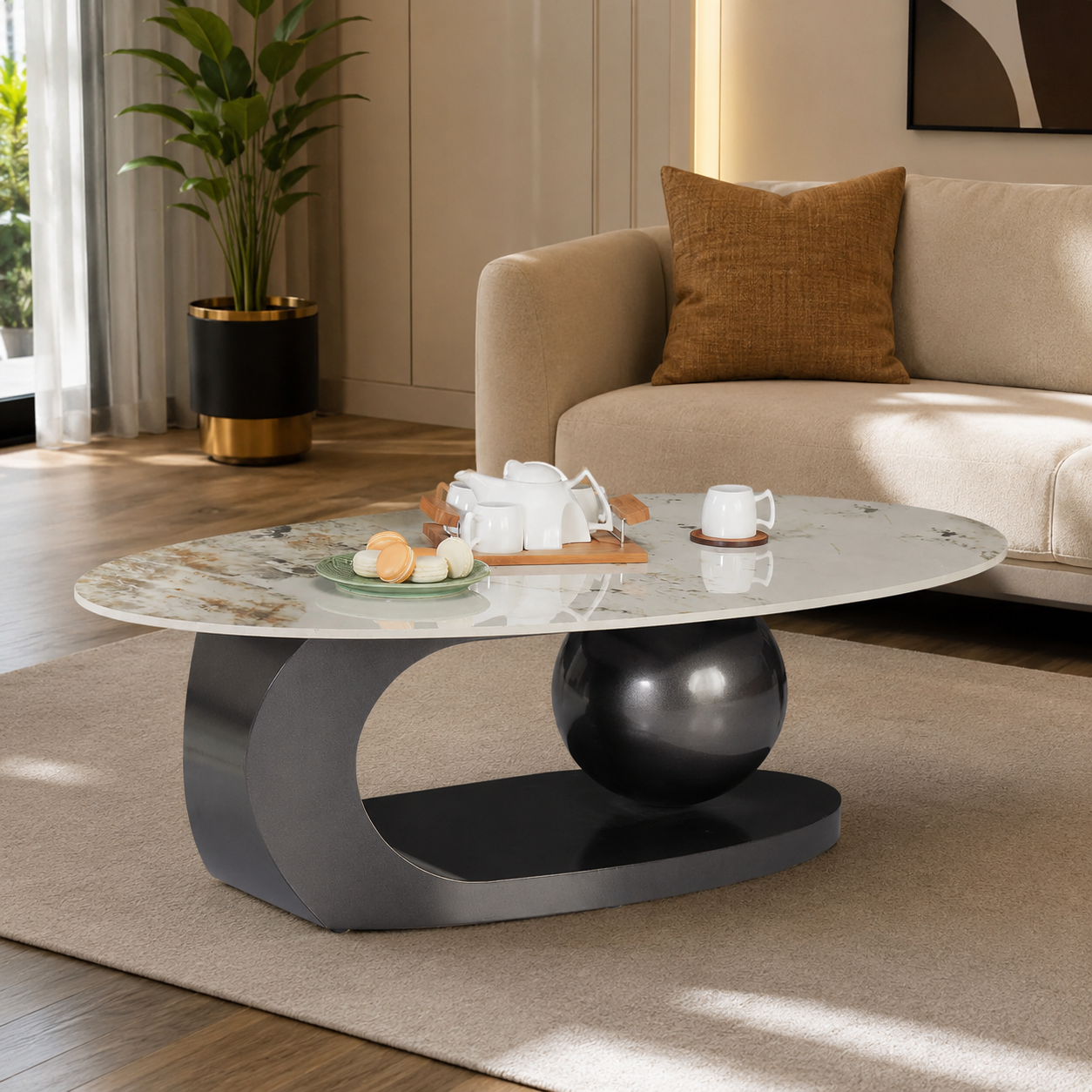 Luxury Modern Oval Marble Finish Centre Table with Sculptural Black Pedestal Base, Premium Coffee Table for Living Room