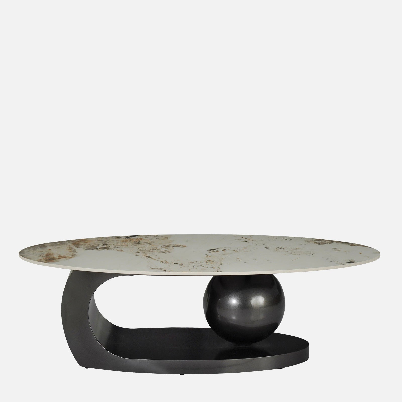 Luxury Modern Oval Marble Finish Centre Table with Sculptural Black Pedestal Base, Premium Coffee Table for Living Room