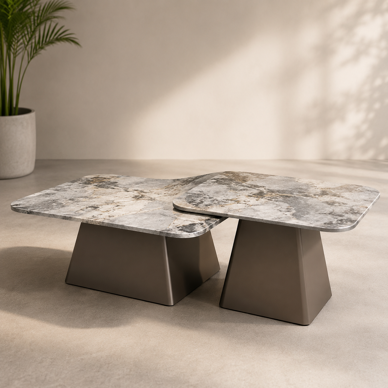 Luxury Quartz Marble Nesting Center Table Set of 2 | Modern Coffee Table with Metal Pedestal Base | Contemporary Living Room Center Table