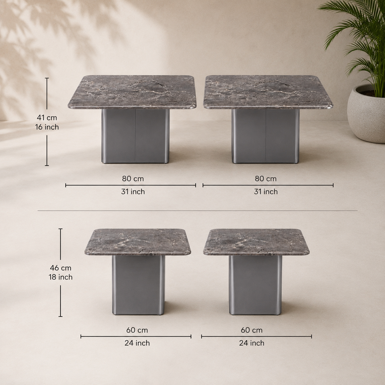 Luxury Quartz Marble Nesting Center Table Set of 2 | Modern Coffee Table with Metal Pedestal Base | Contemporary Living Room Center Table