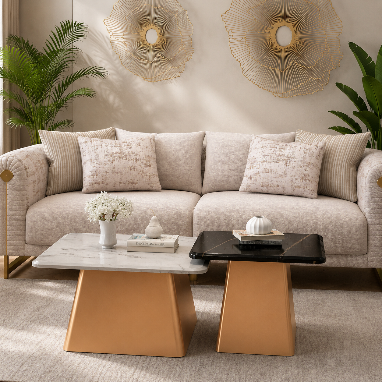 Modern Marble Nesting Center Table Set of 2 with Gold MS Metal Base | Luxury Coffee Table for Living Room, Lounge, Apartment & Designer Interiors