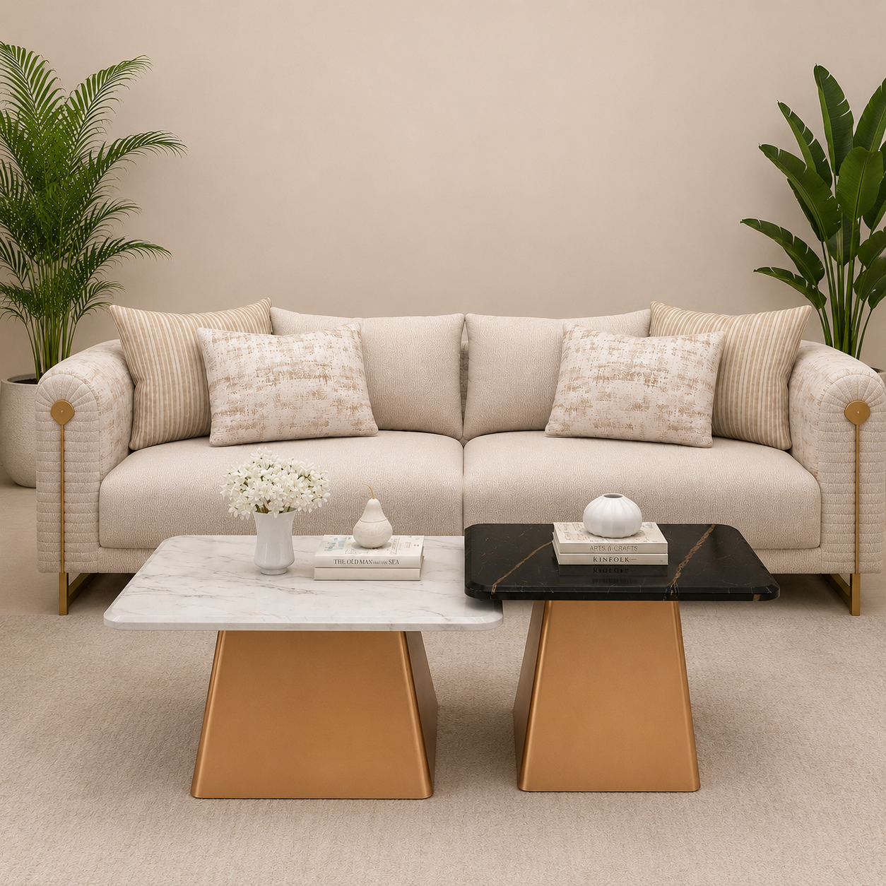 Modern Marble Nesting Center Table Set of 2 with Gold MS Metal Base | Luxury Coffee Table for Living Room, Lounge, Apartment & Designer Interiors