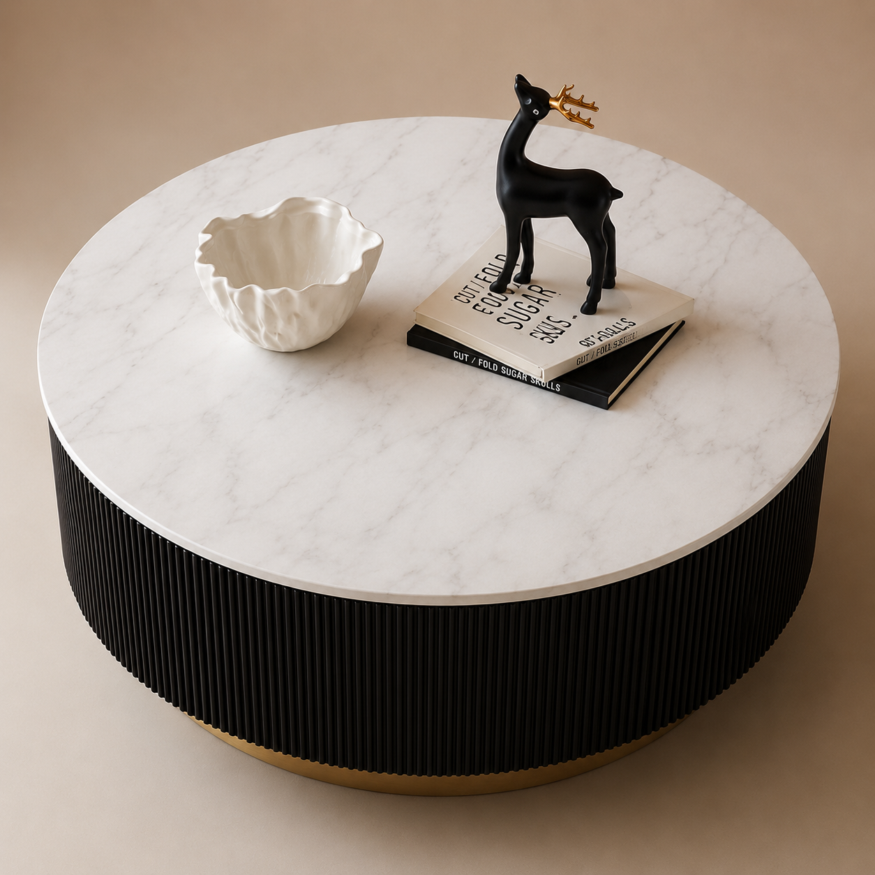 Round Marble Center Table with Solid Ash Wood Base & Fluted Black Frame | Luxury Coffee Table for Living Room, Lounge & Premium Interiors
