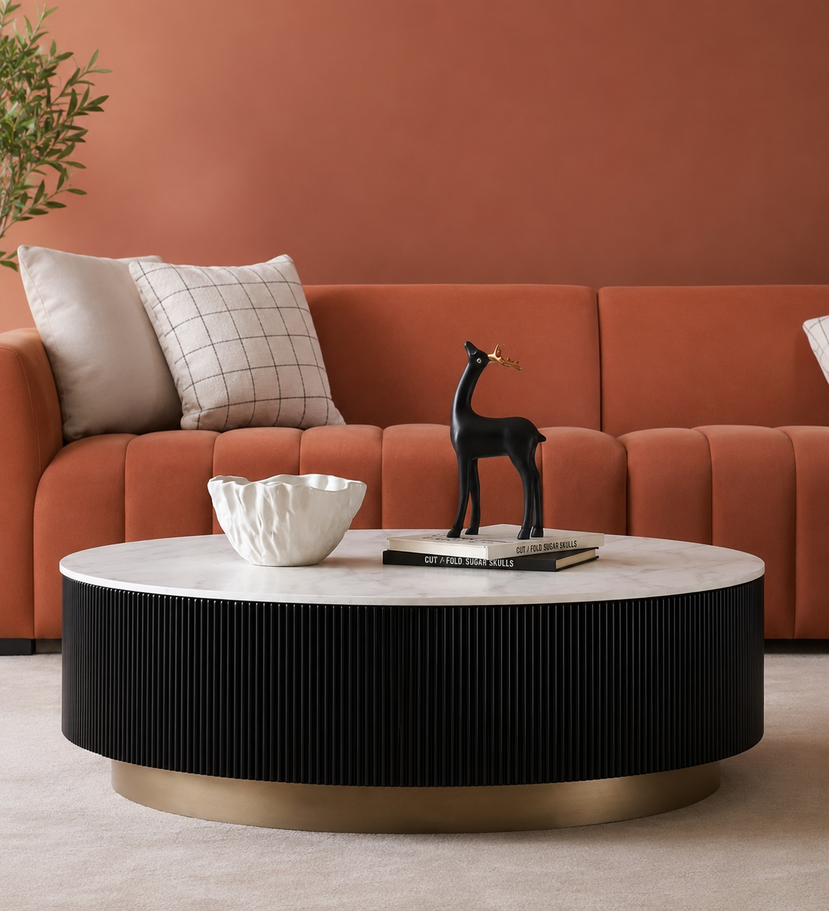 Round Marble Center Table with Solid Ash Wood Base & Fluted Black Frame | Luxury Coffee Table for Living Room, Lounge & Premium Interiors