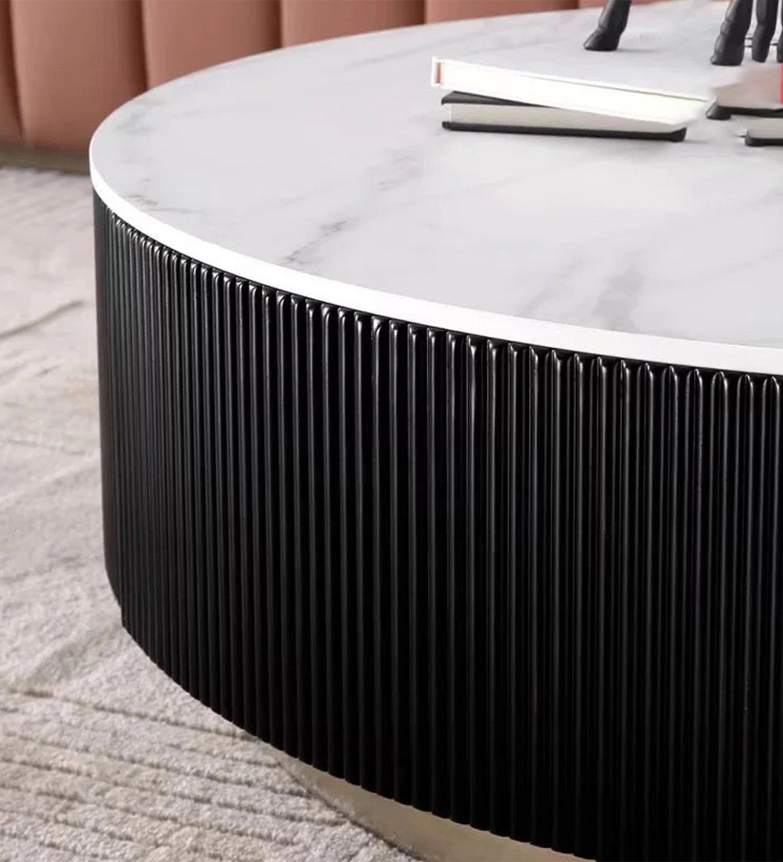 Round Marble Center Table with Solid Ash Wood Base & Fluted Black Frame | Luxury Coffee Table for Living Room, Lounge & Premium Interiors