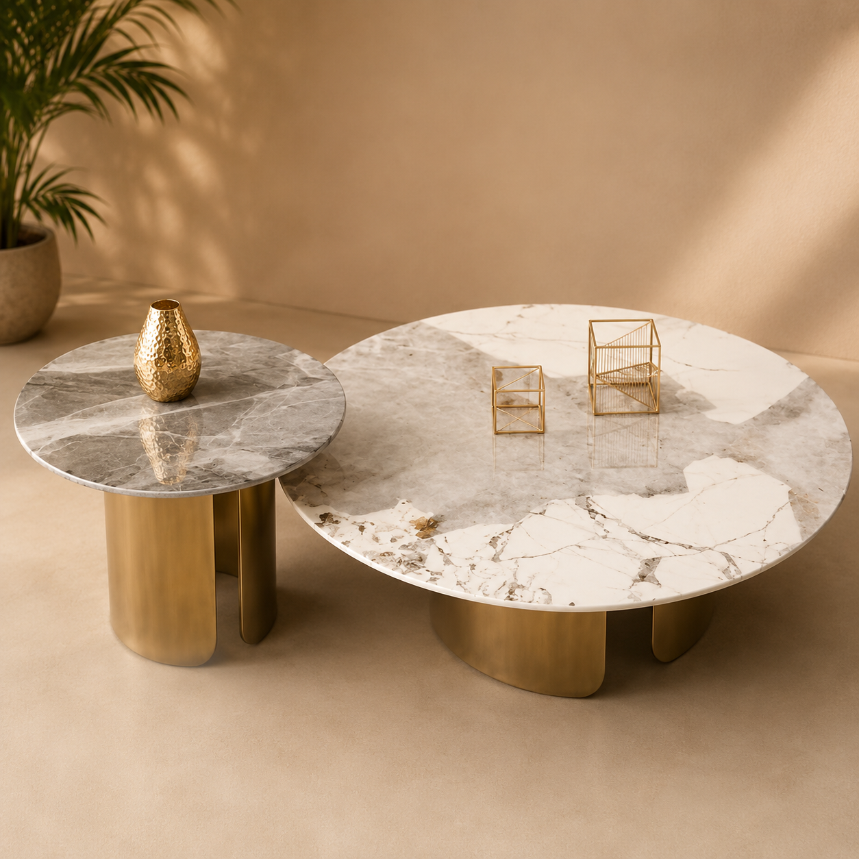 Luxury Round Marble Center Table with Gold Iron Base | Modern Coffee Table for Living Room, Hotel Lounge, Reception & Premium Home Interiors