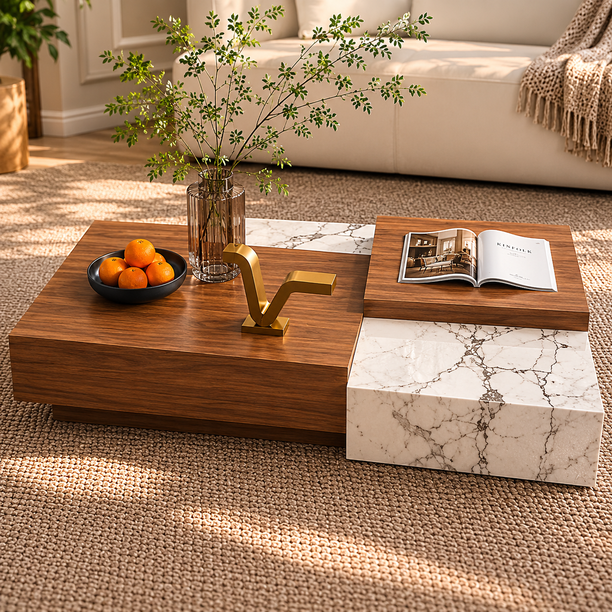 Modern Luxury Coffee Table with Stone Finish Diamond Polish Designer Center Table for Contemporary Living Room Spaces