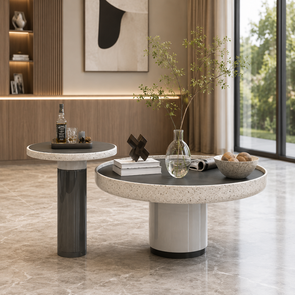 Round Nesting Center Table Set with Stone Top & SS Base | Modern Coffee Table for Living Room, Office & Lounge