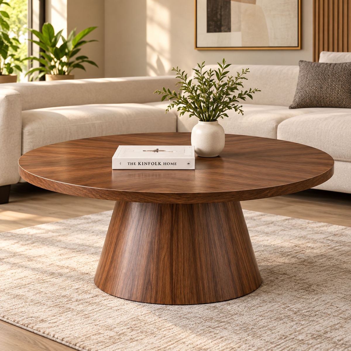 Modern Round Center Table with Wide Circular Top, Sculpted Pedestal Base, Space-Saving Form for Living Room & Lounge Décor