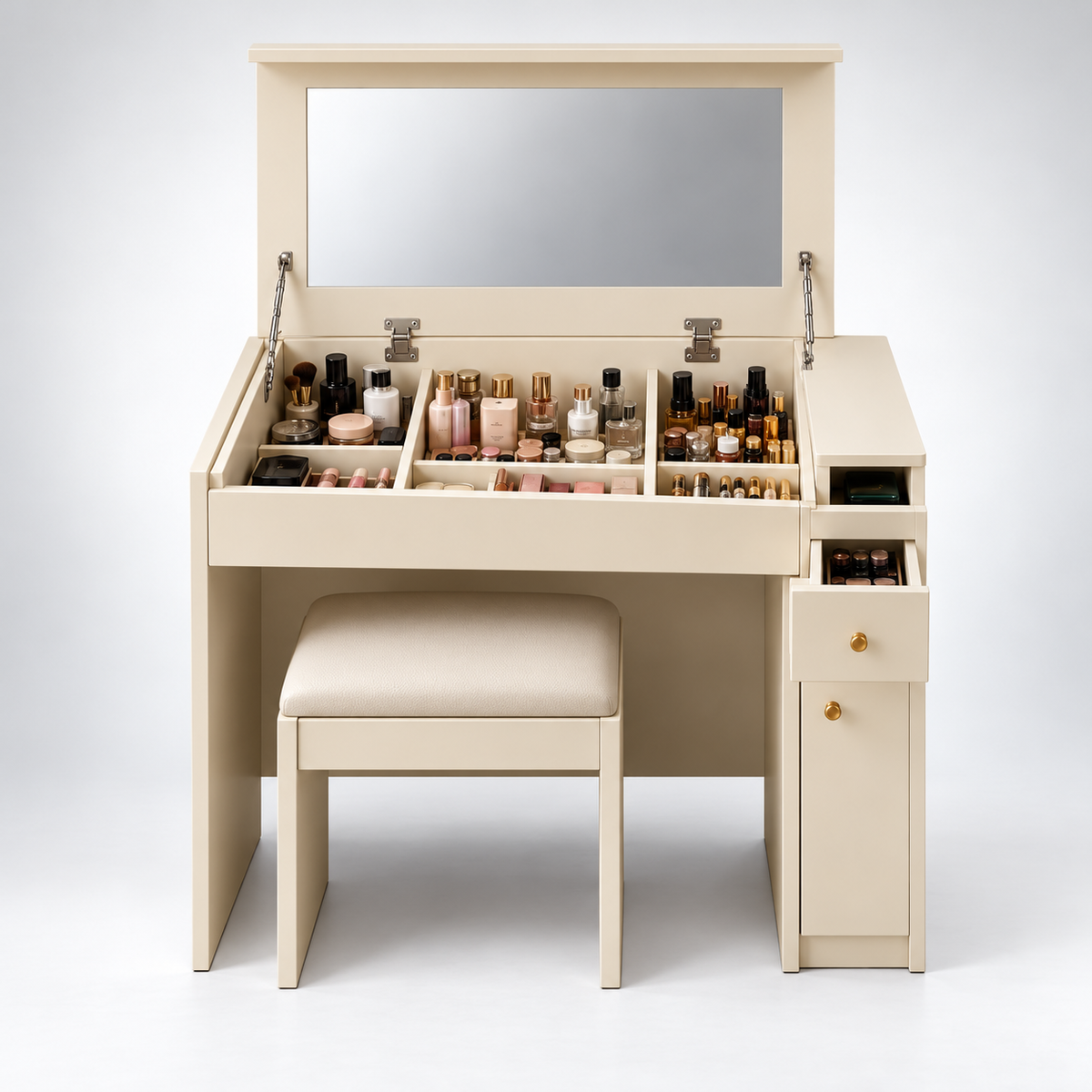 Modern Dressing Table with Flip-Up Mirror, Makeup Organiser, Storage Drawers, Side Cabinet & Padded Stool for Bedroom