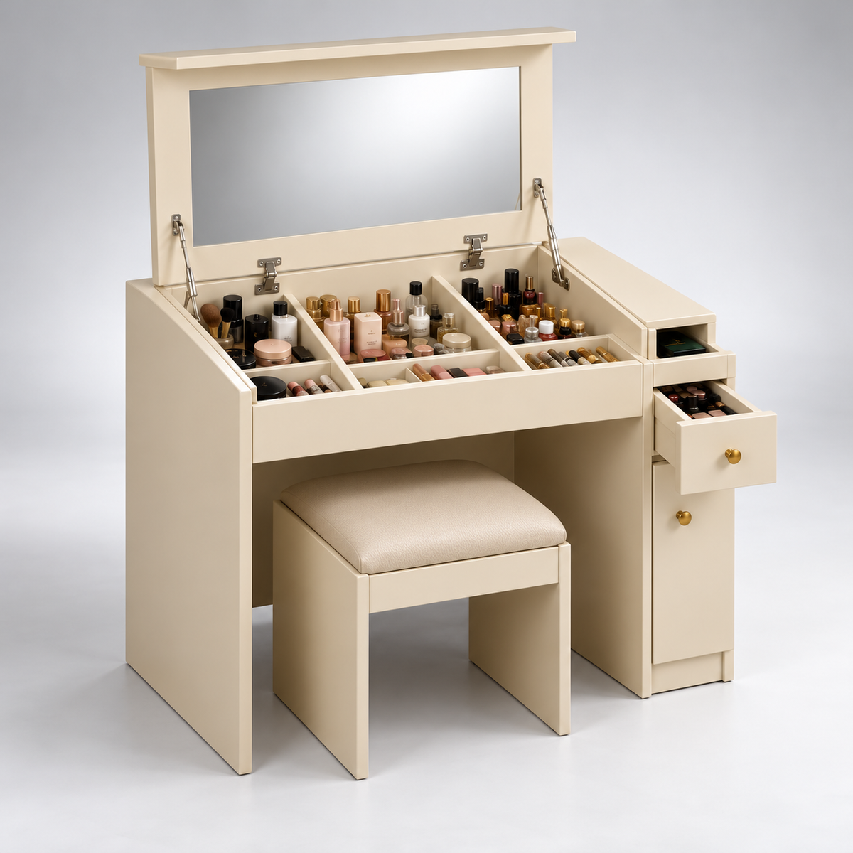 Modern Dressing Table with Flip-Up Mirror, Makeup Organiser, Storage Drawers, Side Cabinet & Padded Stool for Bedroom