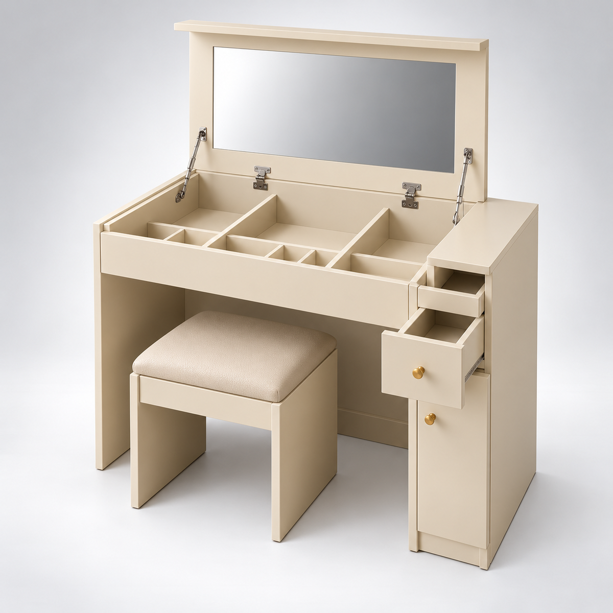 Modern Dressing Table with Flip-Up Mirror, Makeup Organiser, Storage Drawers, Side Cabinet & Padded Stool for Bedroom