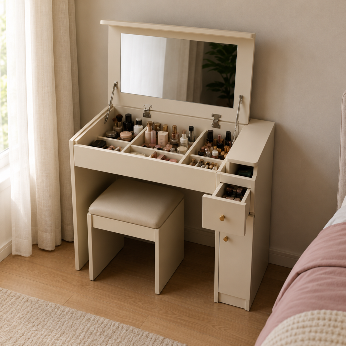 Modern Dressing Table with Flip-Up Mirror, Makeup Organiser, Storage Drawers, Side Cabinet & Padded Stool for Bedroom