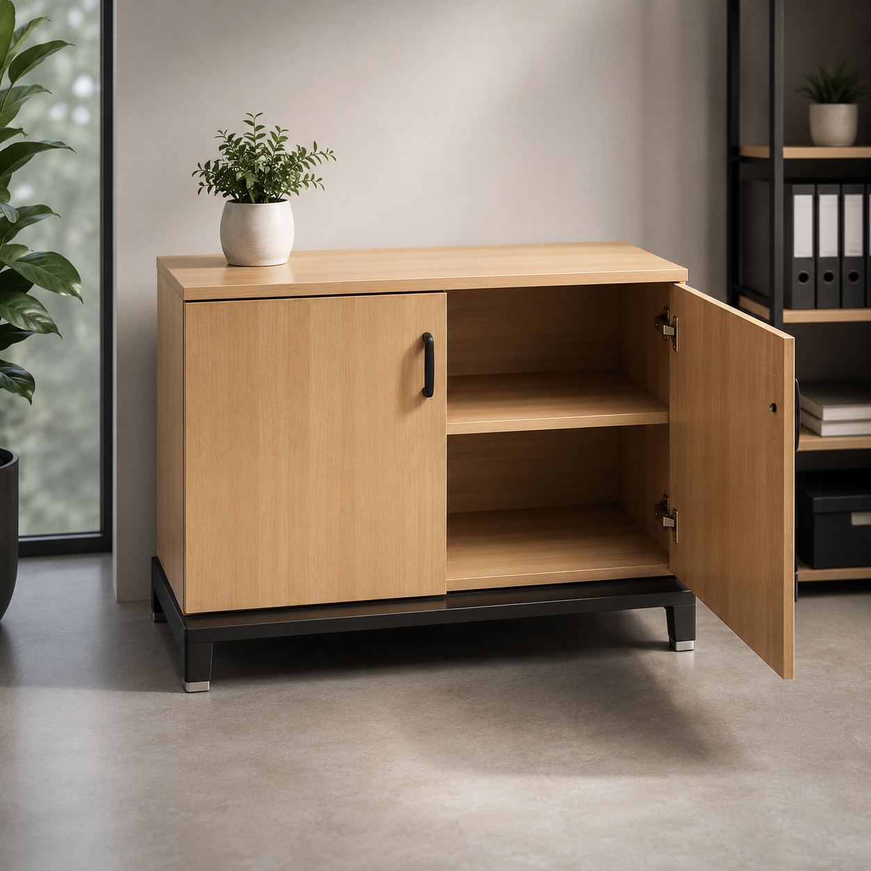 Modern Wooden Side Unit with Open Shelves & Storage for Office, Reception & Commercial Interior Spaces