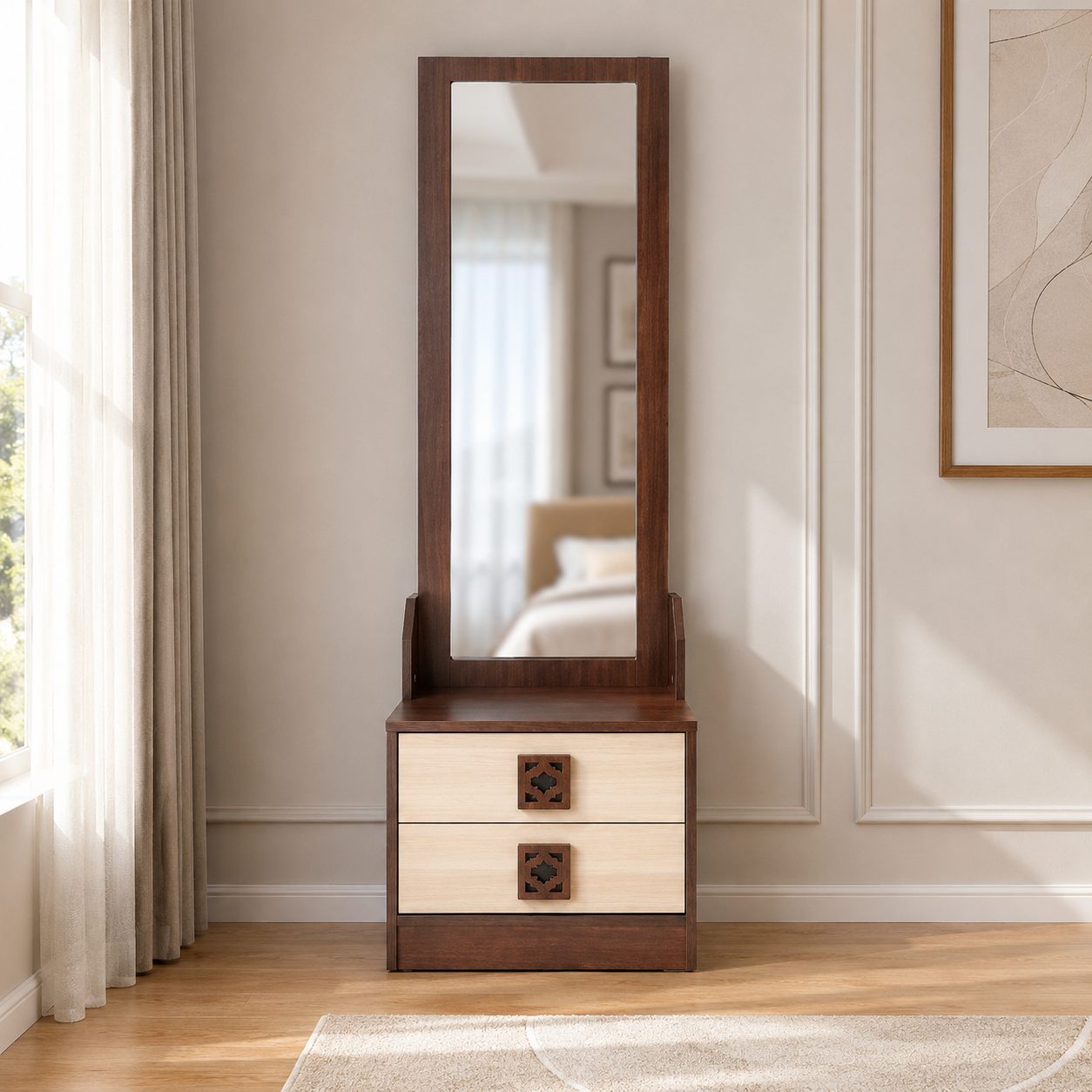 Compact Dressing Table with Tall Rectangular Mirror, Two Storage Drawers and Decorative Metal Handles in Brown and Cream Finish