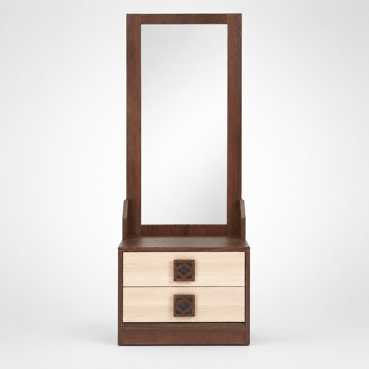 Compact Dressing Table with Tall Rectangular Mirror, Two Storage Drawers and Decorative Metal Handles in Brown and Cream Finish