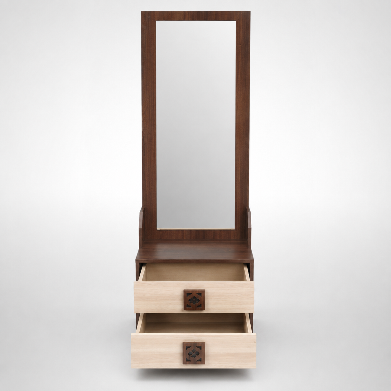 Compact Dressing Table with Tall Rectangular Mirror, Two Storage Drawers and Decorative Metal Handles in Brown and Cream Finish
