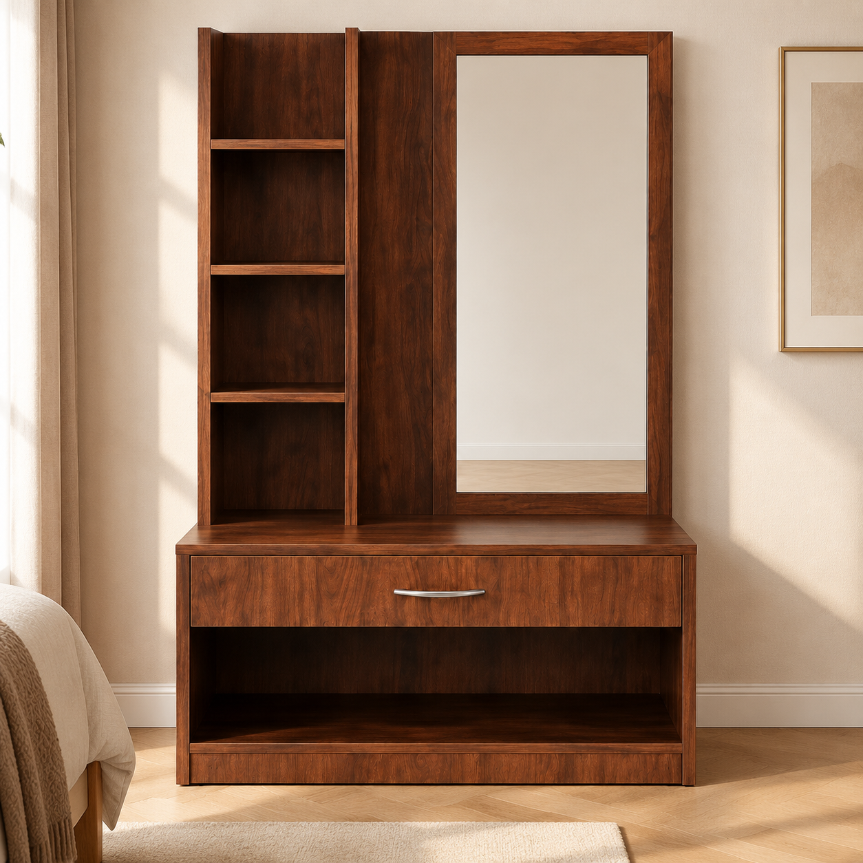 Modern Dressing Table with Tall Mirror, Four Open Side Shelves, Storage Drawer and Wide Bottom Shelf in Dark Brown Finish